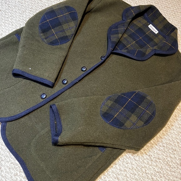 Olive Green Wool-Blend Spring/Fall Coat - Plaid Elbow Patches - - Picture 4 of 6
